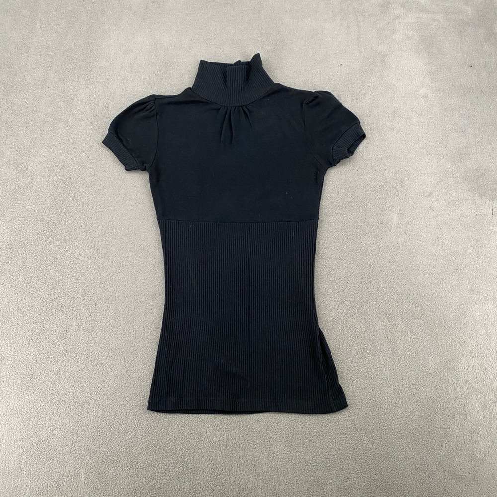 One Step Up Womens Black Ribbed Short Sleeve Turtleneck Top Small Puff Sleeve